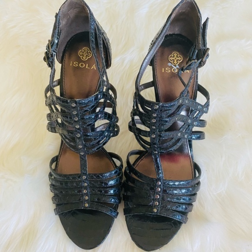 Isola black leather strappy gladiator stiletto sandals, Sz. 8.5